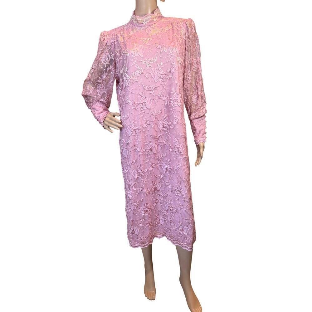 VTG 80s Romantic Pink Coquette Floral Lace Mesh Midi Dress Blaire Boutique Large - Picture 2 of 16